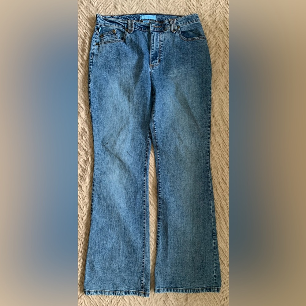 DUPLEX BY TYTE | 12 | blue jeans straight flare leg, ramie, cotton,spandex